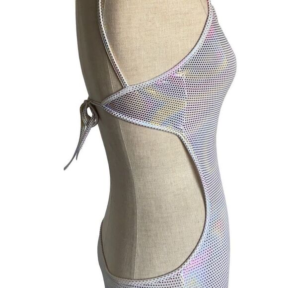 Holographic Mini Dress Tie Back, 80’s L.W. Sin-Sations body con sz s/m form fit - Picture 12 of 16